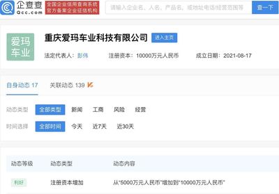 重庆爱玛车业公司增资至1亿,增幅100%